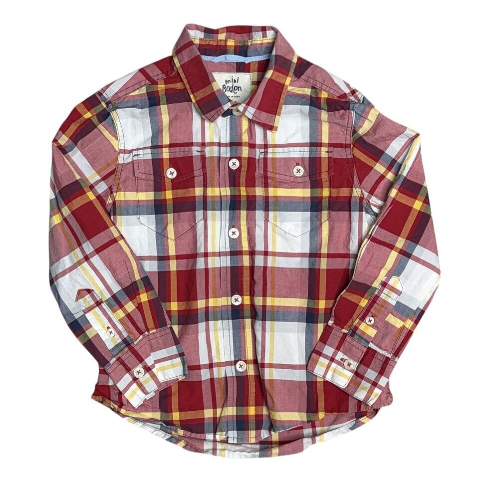 Mini Boden Boys Long Sleeve Button Up Red White Plaid Size 3-4Y